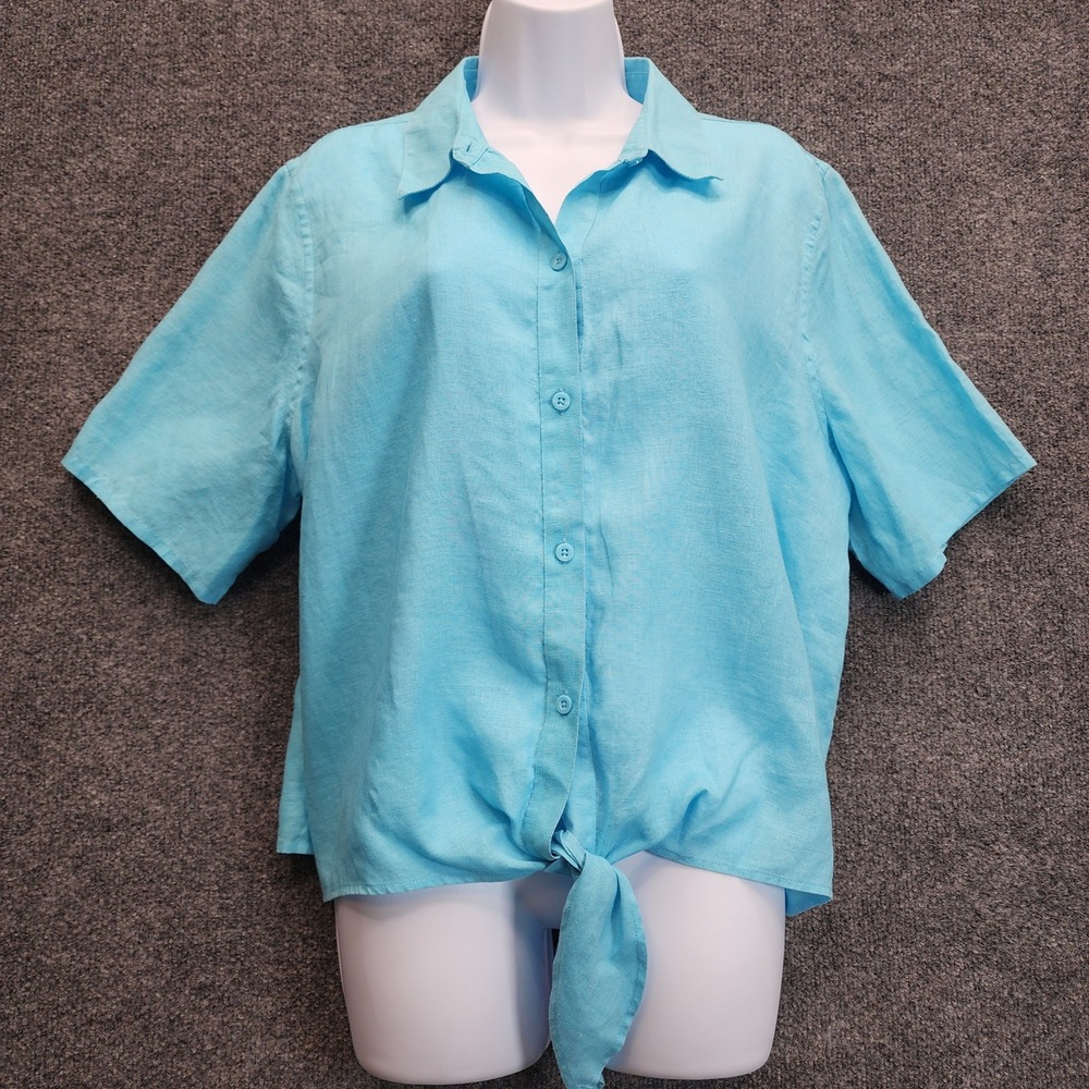 Chico's Women's 100% Linen Tie Front Button Up Camp Shirt Beach Top Size 3